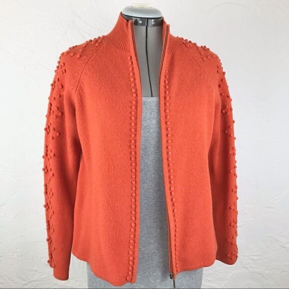 Mercer & Madison Orange Pompoms 100% Lambs Wool Cardigan Zip up Sweater - Picture 4 of 14